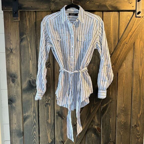 Lauren Ralph Lauren Striped Button Up Belted Linen Tunic - Picture 3 of 7